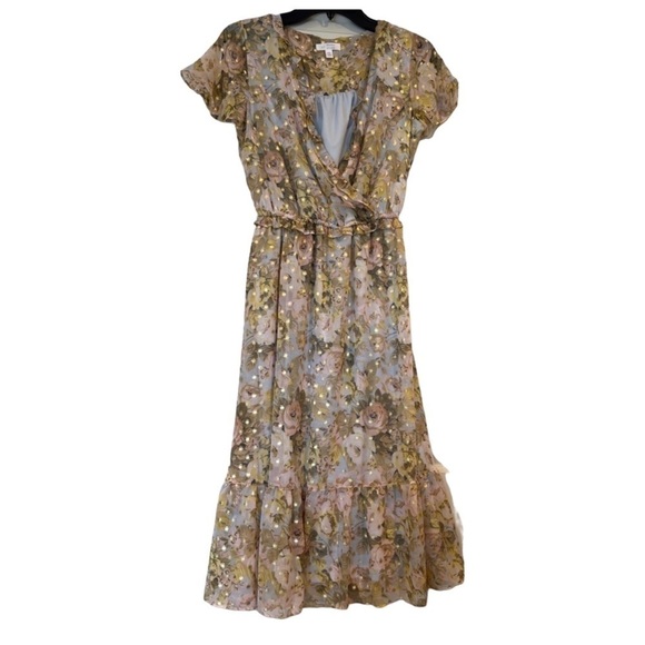 LC LAUREN CONRAD FLORAL MIDI GOLD DRESS - SIZE XS - Picture 2 of 5